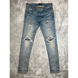 AMIRI MX1 Distressed Denim Jeans Blue Plaid Patch Slim Fit Size 34